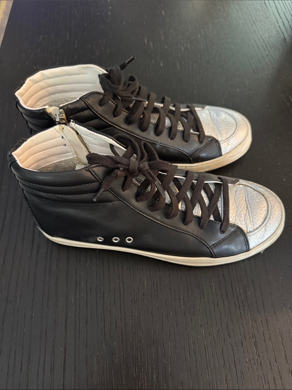P448 black silver high top lace up inner ankle zipper sneakers. Size 41 (10.5)
